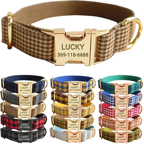 Miniatura 23 de PETDURO Collar de Perro a Cuadros Personalizado Verde Manzana - Nombre y Número de Teléfono Grabados en Hebilla de Metal Oro Rosa - Personalizado