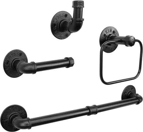 Miniatura 10 de Kit de Anillo de Toalla Jeasor de 4 Piezas de Tubo Industrial para Baño, Kit de Accesorios de Montaje en Pared DIY Incluye Gancho para Bata, Barra