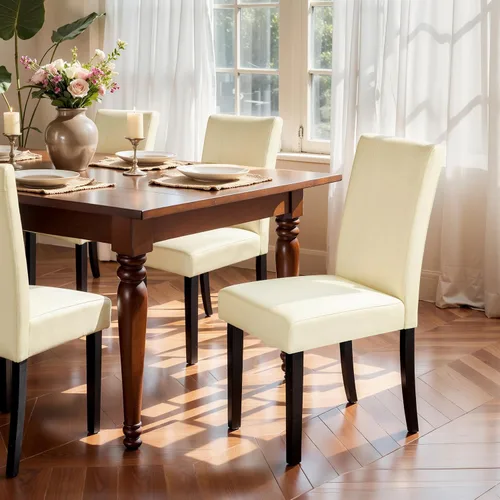 Miniatura 8 de SyMax Juego de 4 sillas de comedor tapizadas de piel sintética, modernas sillas de cocina Parsons con patas de madera, color crema (solo sillas)