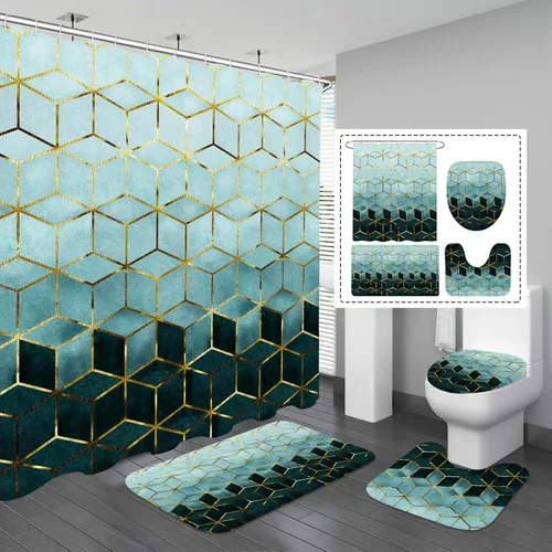 Miniatura 8 de Gibelle Juego de 4 cortinas de ducha de baño con alfombras antideslizantes, cubierta para tapa de inodoro y tapete de baño, líneas cúbicas doradas