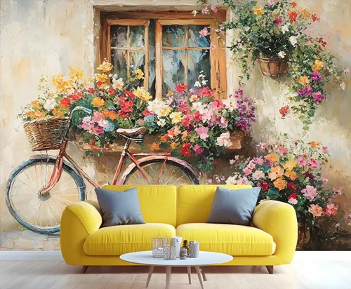 Miniatura 3 de Papel tapiz 3D de bicicleta rosa vintage, murales de flores de paisaje de primavera para sala de estar, pintura al óleo, papel tapiz rústico