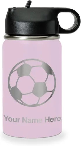 Miniatura 22 de LaserGram Botella de agua personalizada, pelota de fútbol, acero inoxidable de doble pared aislada al vacío con popote superior, regalo grabado