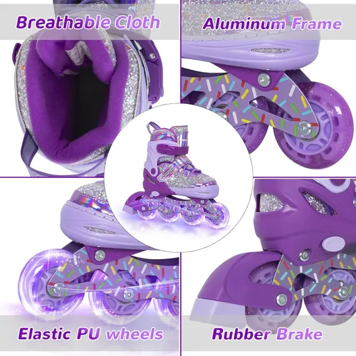Miniatura 3 de Mammygol Patines en línea para niñas y niños, 4 tamaños ajustables para niñas de 3 a 12 años con ruedas iluminadas y protección de seguridad, regalo