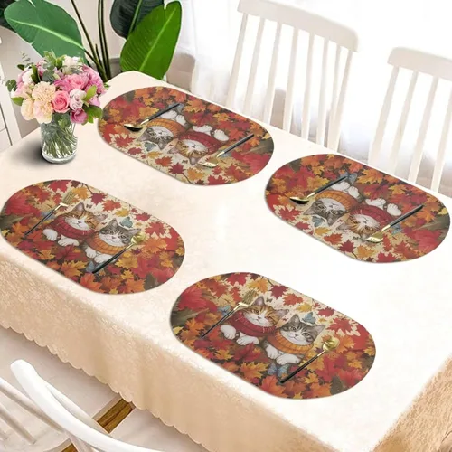 Miniatura 7 de Holiday Placemats Set of 2 Fall Cat Waterproof Wipeable Faux Leather Non Slip for Family Autumn Dinner Heat Resistant Table Mats Thanksgiving Easy