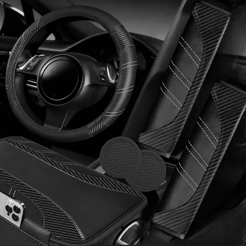 Miniatura 22 de NBTEPEM Juego de 6 accesorios de automóvil beige, funda de cuero deportivo para volante de 14.5 a 15 pulgadas, universal, funda de cuero