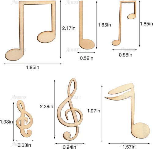 Miniatura 2 de AUEAR, Paquete de 60 notas musicales con recortes de madera, mini notas musicales, adornos de madera, rebanadas sin terminar para manualidades