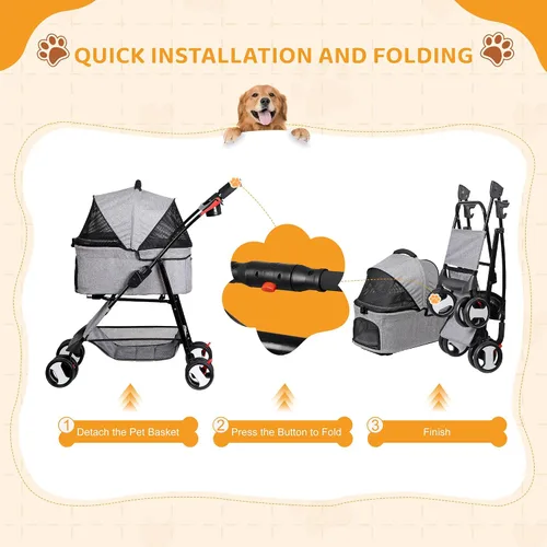 Miniatura 4 de ZENY Cochecito para mascotas, cochecito plegable 3 en 1 para perros y gatos con 4 ruedas, cesta desmontable y soporte para tazas, transportador Gris