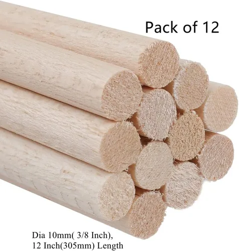 Miniatura 2 de Paquete de 12 varillas redondas de madera de 3/8 x 3/8 x 12 pulgadas, madera natural sin acabar, color madera natural sin terminar para hacer