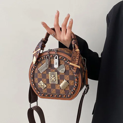 Miniatura 8 de Bolso vintage para mujer, bolso cruzado redondo con un hombro, bolso circular de gran capacidad, bolso diario para mujeres y niñas (marrón)