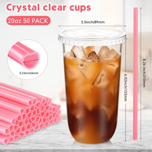 Miniatura 3 de Ziliny 50 Juegos de Vasos de Plástico Transparente con Pajitas y Tapas Rosas en Forma de Corazón, Vasos Desechables para Café Helado Drinking Pet