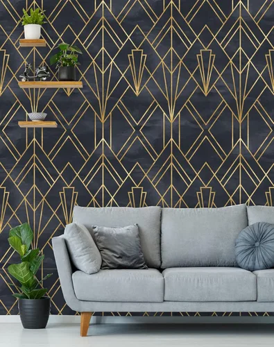 Miniatura 2 de Papel tapiz extraíble para despegar y pegar, mural de pared Art Deco autoadhesivo, líneas geométricas Art Deco, fondo negro acuarela
