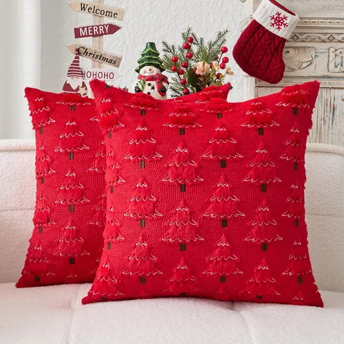 Miniatura 18 de Kevin Textile - Fundas de almohada con diseño de árbol de Navidad de 16 x 16 pulgadas, juego de 2, bordado de lujo, felpa suave, piel sintética