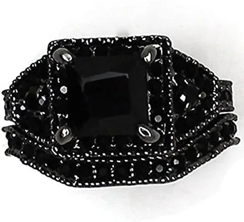 Miniatura 4 de Juego de anillos de boda de boda de corte princesa ónix negro