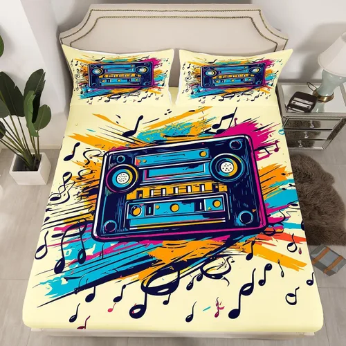 Miniatura 8 de Sábana bajera ajustable de cine tamaño individual, sábanas vintage para niños, niñas y adultos, juego de ropa de cama de palomitas de maíz