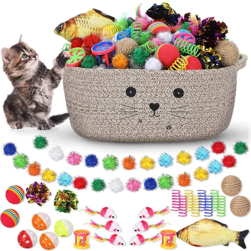 Miniatura 10 de Zopeal - Juego de 58 cestas de almacenamiento para gatos de verano, juguetes de regalo, bolas intermitentes coloridas para mascotas, bolas Negro