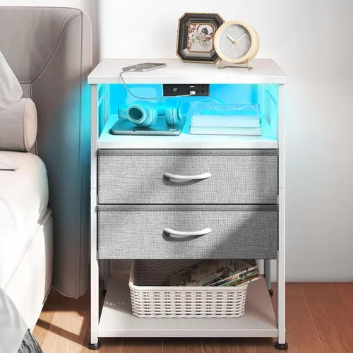 Miniatura 8 de AODK Mesita de noche con estación de carga, mesa auxiliar para dormitorio, mesita de noche alta con cajones, mesita de noche pequeña