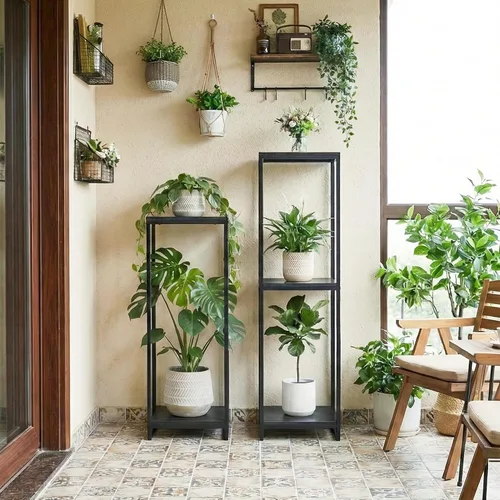 Miniatura 7 de Soporte para plantas de 34 pulgadas de alto para interiores, estante moderno de 2 niveles, organizador de macetas de esquina para sala de estar