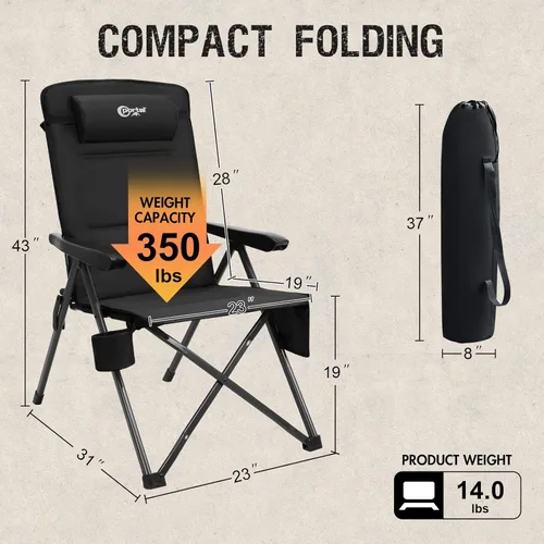 Miniatura 2 de Portal Silla reclinable de campamento con respaldo ajustable plegable para adultos, portátil, respaldo alto, de gran tamaño, 350 libras (negro)