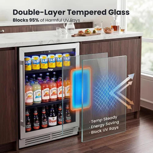 Miniatura 6 de Yeego Refrigerador de bebidas y refrigerador de bebidas, 24 pulgadas, 180 latas, puerta de vidrio, 34-54℉ bajo mostrador, refrigerador integrado