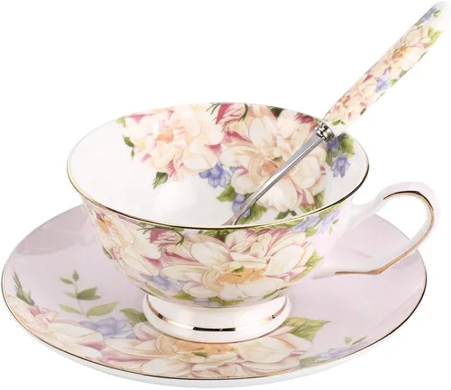 Miniatura 8 de Taza de té azul, juego de taza de té floral y platillo, juego de té de porcelana de hueso, taza de café, juego de té