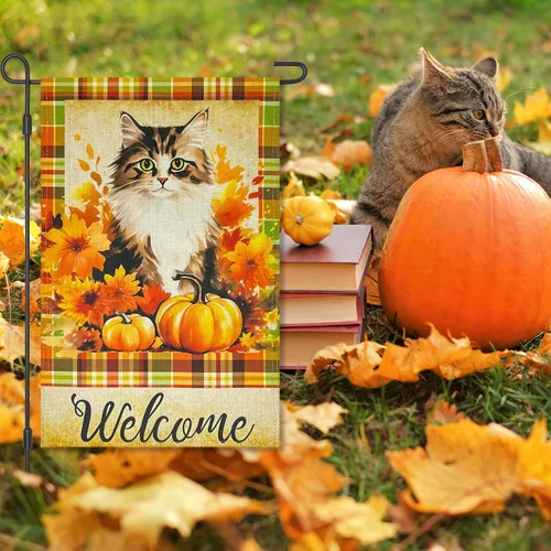 Miniatura 2 de Bandera decorativa de arpillera de otoño para jardín, 12 x 18 pulgadas, de doble cara, calabaza, cachorro, madrás, a cuadros, pequeñas banderas