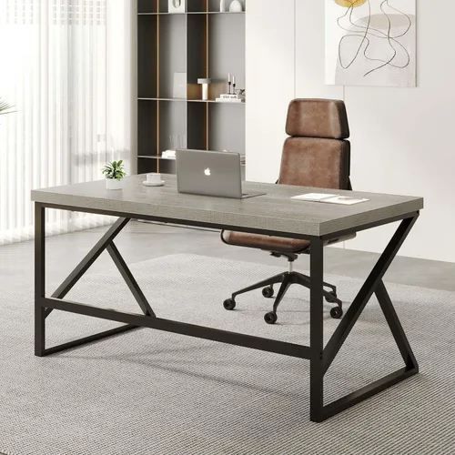 Miniatura 5 de HSH Escritorio para computadora gris, escritorio de madera y metal industrial para oficina en casa, escritorio rústico de granja para PC, laptop