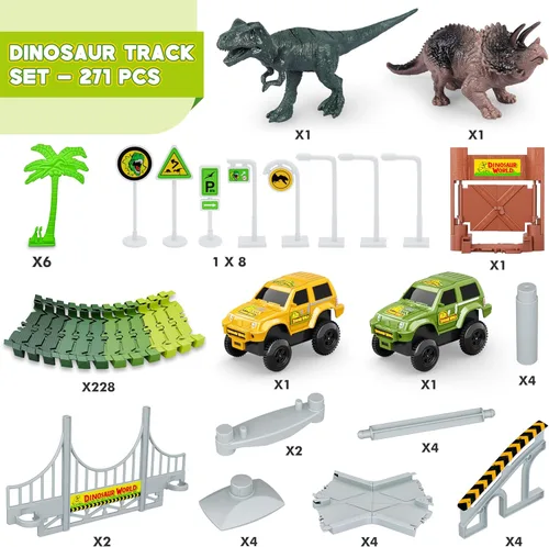 Miniatura 2 de Pistas de dinosaurios, 271 piezas Create A Dinosaur World Road Race para niños, juguetes flexibles de tren con 2 autos de carreras geniales y 2
