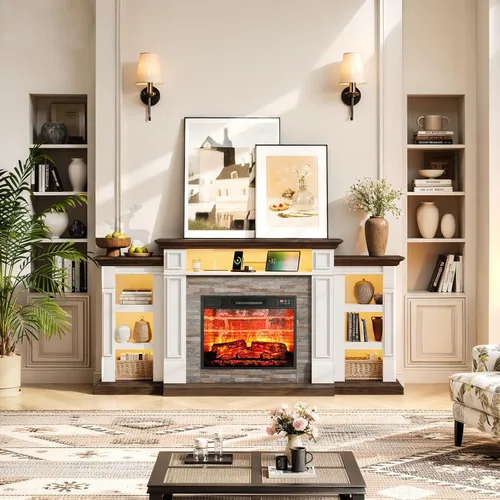 Miniatura 2 de Soporte de TV con chimenea de 72 pulgadas con toma de corriente y LED, chimenea eléctrica con repisa, centro de entretenimiento con almacenamiento