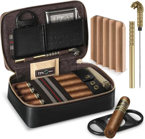 Humidor de puros, humidor de puros de viaje de cuero, estuche portátil para puros con potenciador de tiro de puros y cortador de puros multifunción,