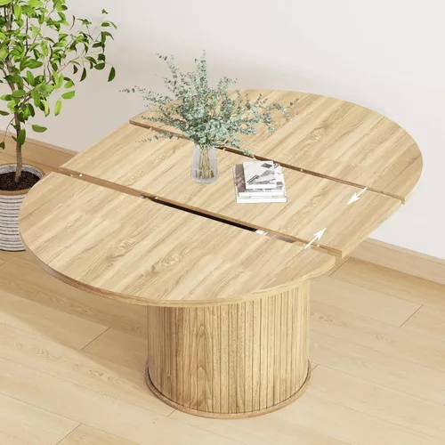 Miniatura 4 de Mesa de comedor redonda extensible de 43.3-59 pulgadas para 4-6-8, puerta corredera de madera estriada, mesa de cocina ovalada moderna, base