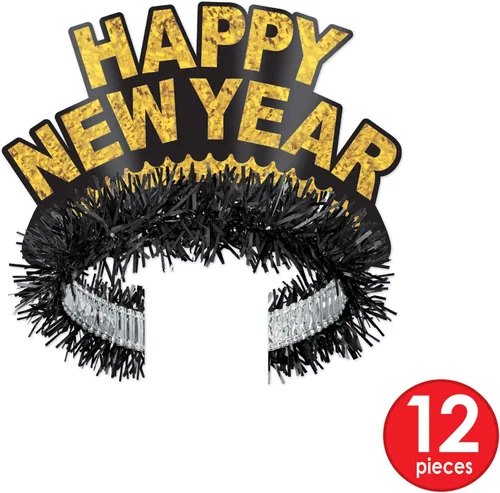 Miniatura 4 de Beistle Legacy New Year's Surtido para 25 invitados – Kit de fiesta negro y dorado con sombreros de copa, tiaras, cuernos de aluminio, leis