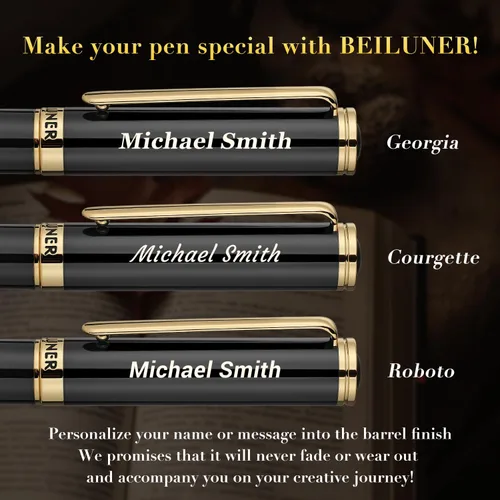 Miniatura 2 de BEILUNER Bolígrafo de pluma negro personalizado, impresionante laca de lujo, punta dorada de 24 quilates (fina), hermoso acabado en oro de 24 Azul