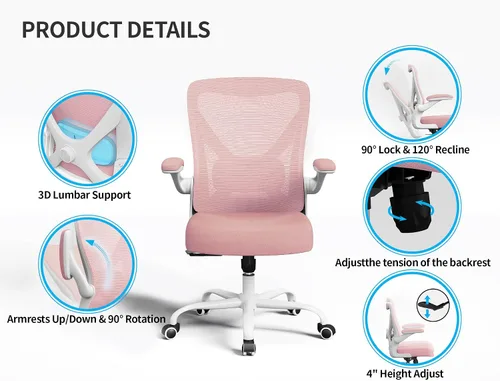 Miniatura 7 de Silla de oficina Silla de escritorio ergonómica cómoda: Silla de computadora de malla de 331 libras, sillas ergonómicas para juegos con ruedas, Rosa