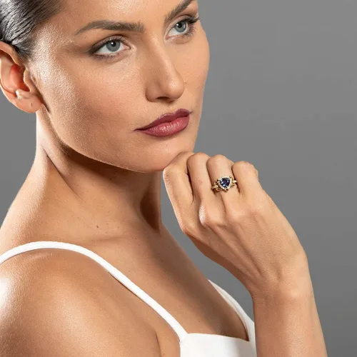 Miniatura 4 de Peora Anillo de homenaje de Alejandrita creado para mujer, oro amarillo de 14 quilates con topacio blanco auténtico, cambio de color de 2.25
