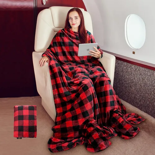 Miniatura 7 de Tirrinia Manta de Viaje con Almohada - Manta de Avión Vestible con Bolsillos para los Pies para Vuelos Largos, Manta Bata Accesorio de Avión