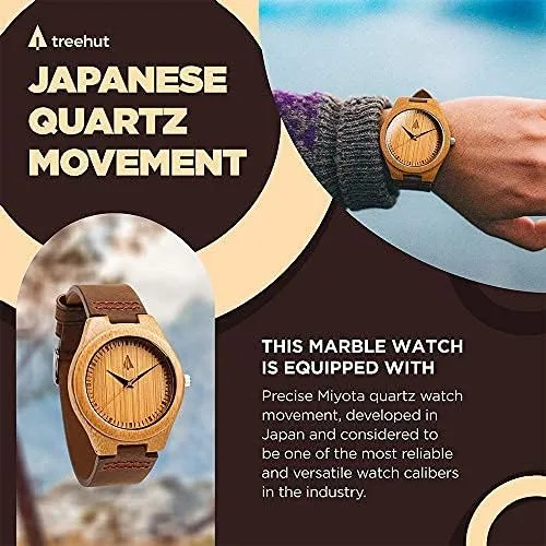 Miniatura 7 de Treehut - Reloj de pulsera analógico para hombres, de madera con correa de piel auténtica, estilo elegante., Marrón Natural 1
