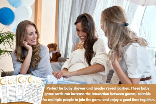 Miniatura 5 de Moon Stars - Juego de juegos para baby shower, 4 juegos incluye Word Scramble, Oh Baby, predicciones y consejos, bingo, 50 tarjetas de doble cara