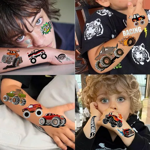 Miniatura 6 de Más de 61 piezas de tatuajes temporales de camión monstruo para niños y niñas, con purpurina brillante plateada metálica, calcomanías falsas