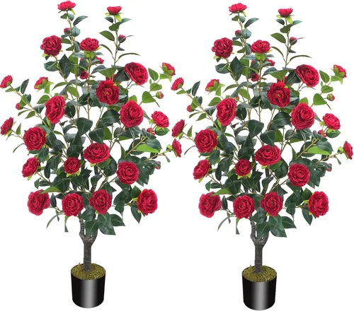 Miniatura 18 de Árbol artificial de 43.3 pulgadas / 3.6 pies con flores de camelia, árbol de otoño falso con 32 flores florecientes, árbol naranja para otoño