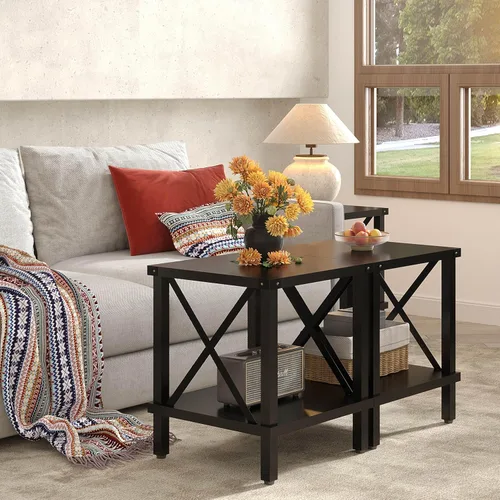 Miniatura 6 de MMEOLUOOK Mesa Auxiliar Grande Estilo Granja Mesa Lateral Estilo Industrial Mesa de Sofá Mesa de Café Metal X Acento Mesa Auxiliar de Madera Mesita