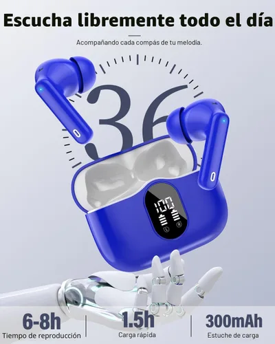 Miniatura 7 de Auriculares inalámbricos, Bluetooth 5.4, estéreo de bajos, auriculares con micrófono con cancelación de ruido, pantalla LED en el oído, llamadas Azul