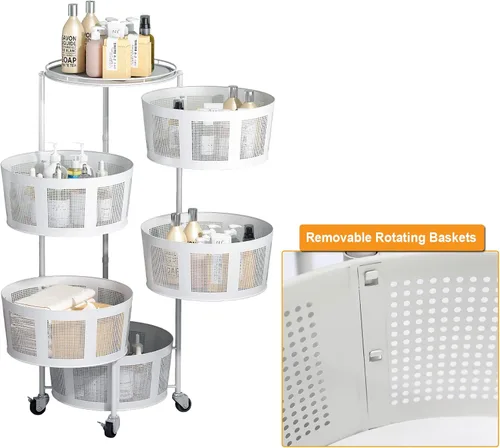 Miniatura 2 de Cestas giratorias de cocina con ruedas redondas de malla de 5 niveles, organizador de frutas y verduras, almacenamiento rodante con ruedas