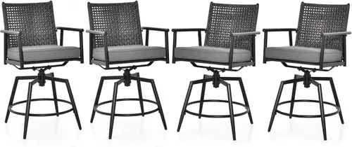 Miniatura 11 de Tangkula Juego de 2 taburetes de bar giratorios para patio, sillas de bar de altura de mostrador para exteriores con respaldo de ratán de Negro