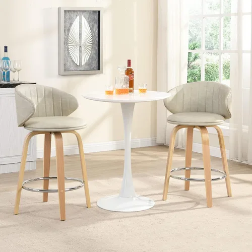 Miniatura 6 de Juego de 2 taburetes de bar modernos de madera curvada de mediados de siglo, taburetes giratorios de piel sintética con respaldo para encimera