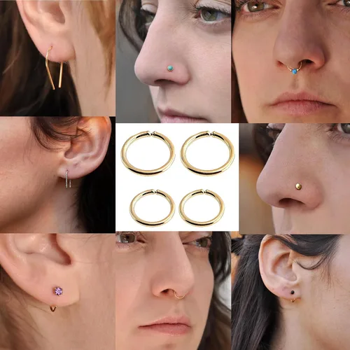 Miniatura 6 de Juego de 2 pares de anillos de nariz para cartílago pequeños para mujer, tragus, tabique, hélix, múltiples piercings finos
