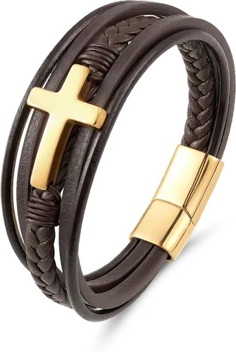 Miniatura 9 de Pulsera de cuero para hombre con cruz trenzada de varias capas con cierre de acero inoxidable, regalos religiosos cristianos para él