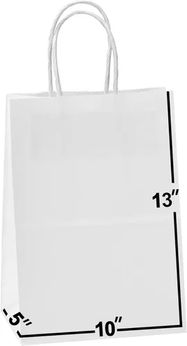 Bolsas de papel blanco con asas a granel de 10 x 5 x 13 [50 bolsas]. Ideal para compras, embalaje, venta al por menor, fiesta, manualidades,