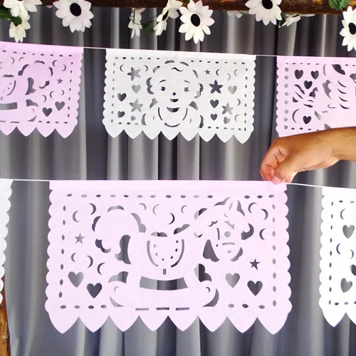 Miniatura 3 de Pancartas de fiesta de baby shower de niña rosa/blanca – Decoraciones de baby shower rosa Fiesta Papel Picado, guirnaldas de papel con serpentinas