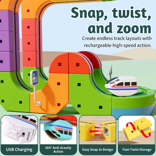 Miniatura 3 de klick Rail - Juego de tren eléctrico 3D mágico y flexible para niños de 3, 4, 5, 6, 7, 8 años, 48 piezas de bloques de pista de autos de carreras