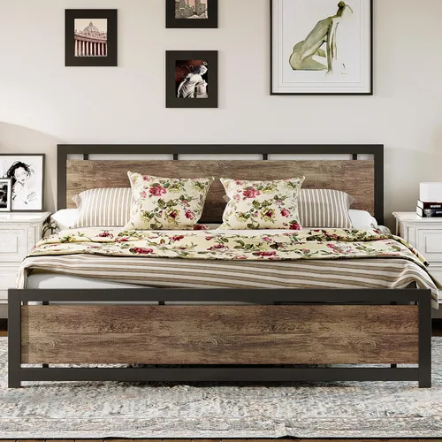 Miniatura 10 de LIKIMIO Base de cama King con cabecero y estribo, soportes fuertes de metal, fácil montaje, sin ruido, no necesita somier, gris carbón